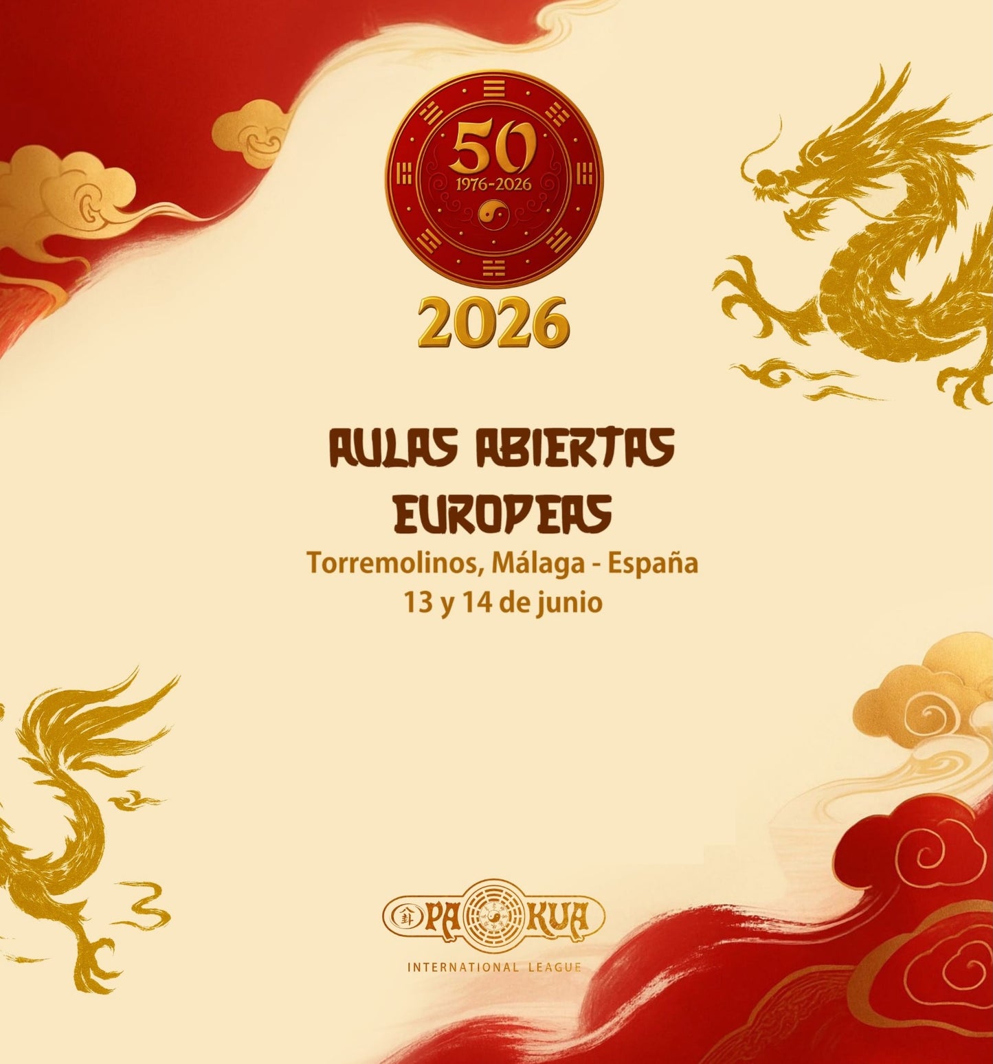 Promotional poster for an event in 2026 with dragons and text on a red and beige background.